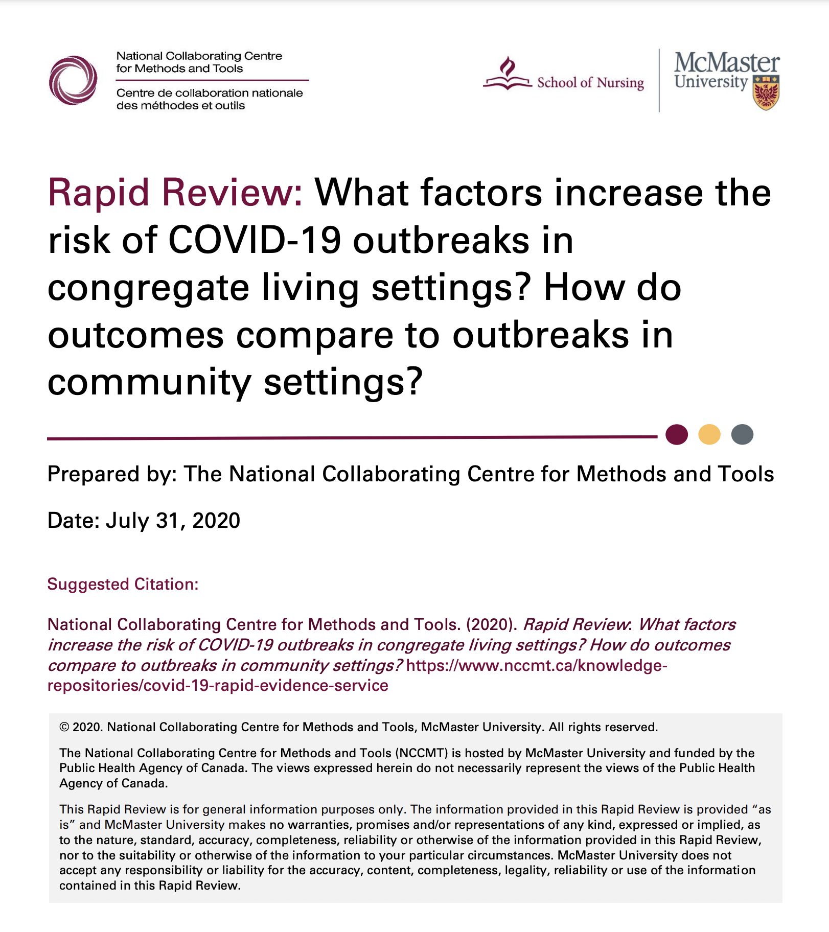 Rapid Review: What factors increase the risk of COVID-19 outbreaks in congregate living settings? How do outcomes compare to outbreaks in community settings?
