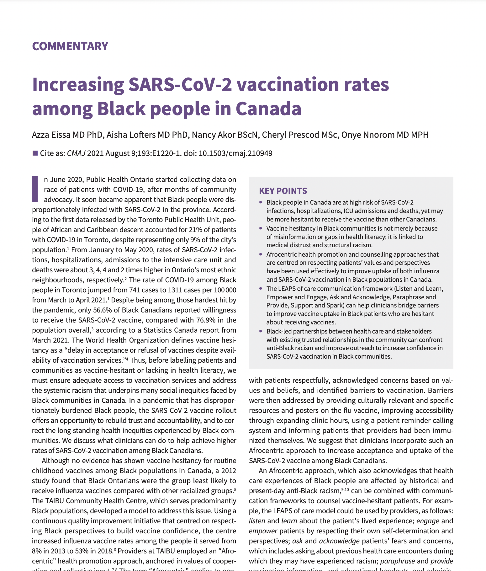 Increasing SARS-CoV-2 vaccination rates among Black people in Canada