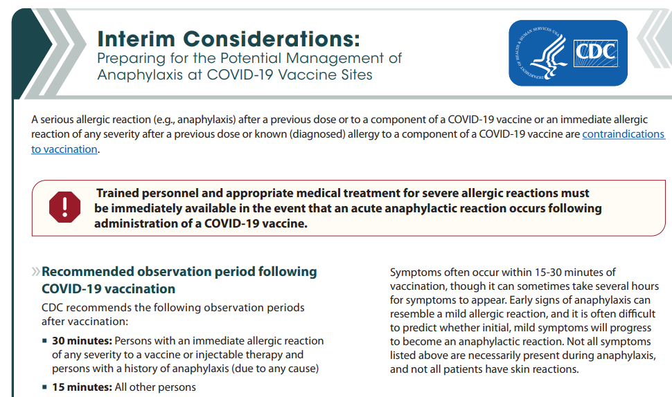 Interim Considerations: Preparing for the Potential Management of Anaphylaxis at COVID-19 Vaccine Sites