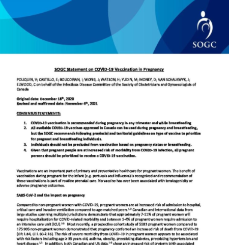 Society of Obstetricians and Gynaecologists of Canada- Statement on COVID-19 Vaccination in Pregnancy
