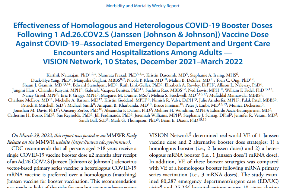 Effectiveness of Homologous and Heterologous COVID-19 Booster Doses Following 1 Ad.26.COV2.S (Janssen [Johnson & Johnson]) Vaccine Dose Against COVID-19–Associated Emergency Department and Urgent Care Encounters and Hospitalizations Among Adults