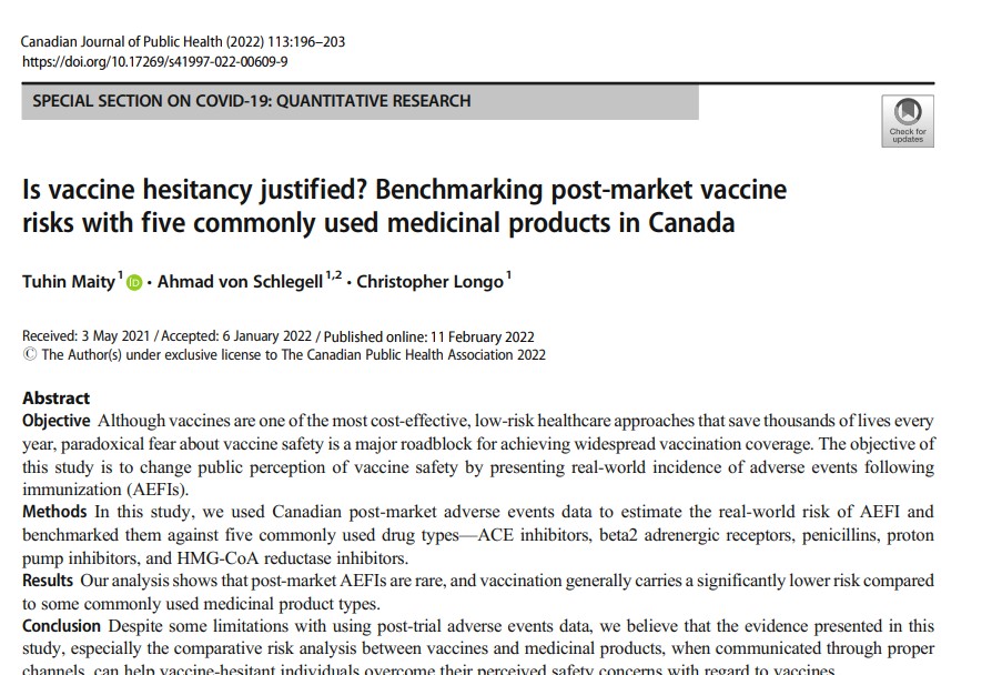 Is vaccine hesitancy justified? Benchmarking post-market vaccine risks with five commonly used medicinal products in Canada