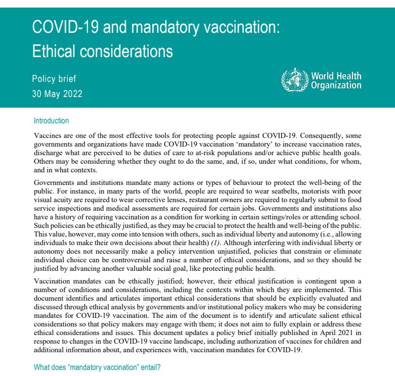 COVID-19 and mandatory vaccination: Ethical considerations