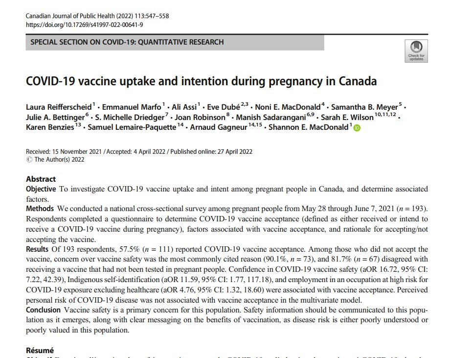 COVID-19 vaccine uptake and intention during pregnancy in Canada