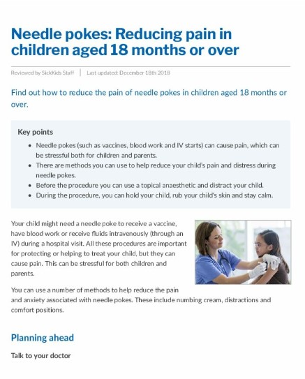 Needle pokes- Reducing pain in children aged 18 months or over